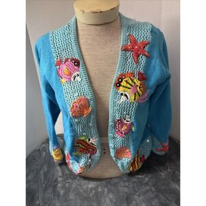Design Options by Philip Jane Gordon M Ocean Beaded Cardigan Sweater Fish/Shells